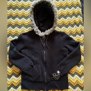 Roxy Black zip up hoodie with Quilted Heart Pattern